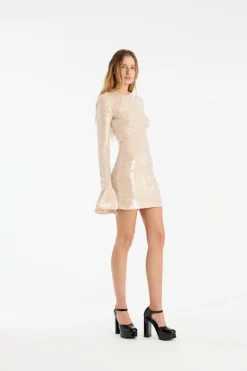 Sequins|Mini Dresses-ROTATE Birger Christensen Sequins Ls Mini Dress Creme Nougat color