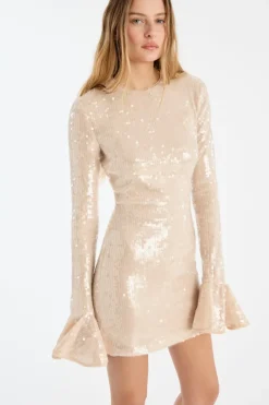 Sequins|Mini Dresses-ROTATE Birger Christensen Sequins Ls Mini Dress Creme Nougat color