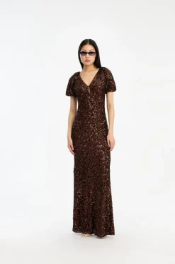 Sequins|Maxi Dress-ROTATE Birger Christensen Sequins Midi V-neck Dress Dark Brown CHICORY COFFEE color