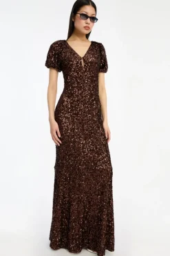 Sequins|Maxi Dress-ROTATE Birger Christensen Sequins Midi V-neck Dress Dark Brown CHICORY COFFEE color