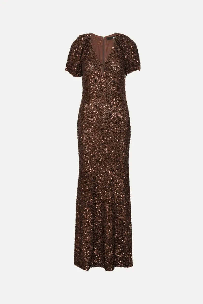 Sequins|Maxi Dress-ROTATE Birger Christensen Sequins Midi V-neck Dress Dark Brown CHICORY COFFEE color