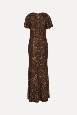 Sequins|Maxi Dress-ROTATE Birger Christensen Sequins Midi V-neck Dress Dark Brown CHICORY COFFEE color