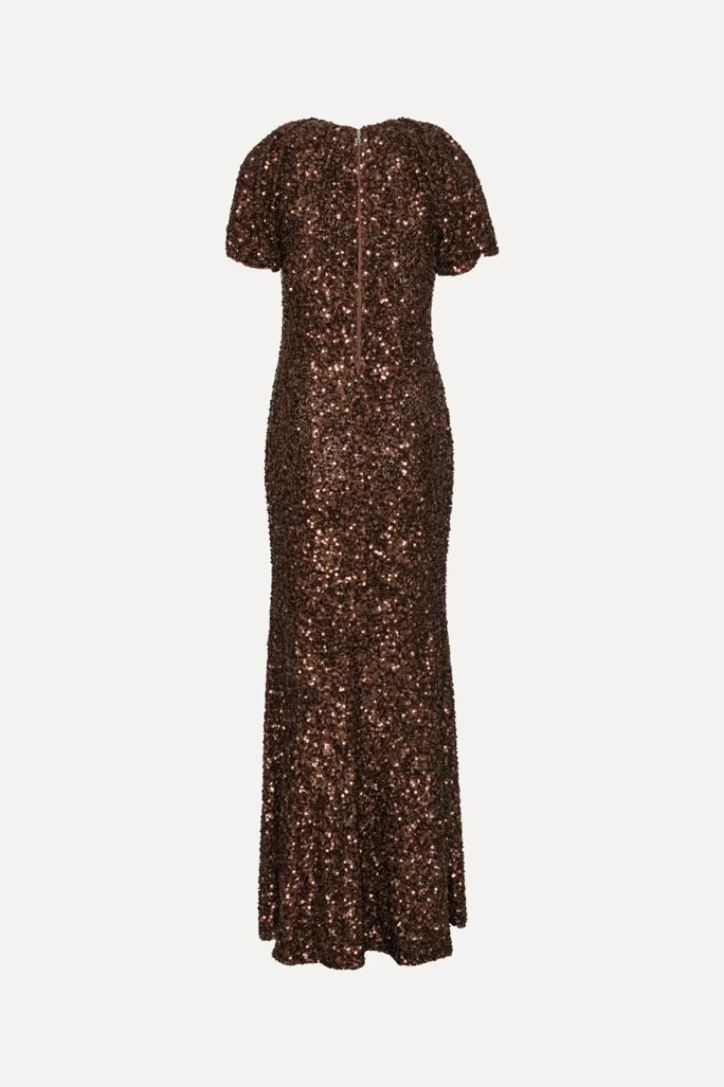 Sequins|Maxi Dress-ROTATE Birger Christensen Sequins Midi V-neck Dress Dark Brown CHICORY COFFEE color
