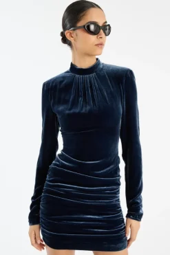 Mini Dresses|Dresses-ROTATE Birger Christensen Silk Velvet Ls Mini Dress Dark Blue Graphite color