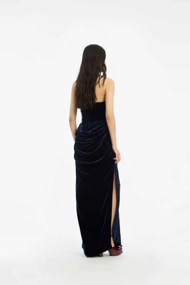 Dresses-ROTATE Birger Christensen Silk Velvet Slit Dress Dark Blue Graphite color