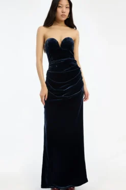 Dresses-ROTATE Birger Christensen Silk Velvet Slit Dress Dark Blue Graphite color