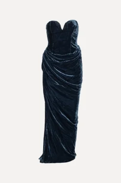 Dresses-ROTATE Birger Christensen Silk Velvet Slit Dress Dark Blue Graphite color