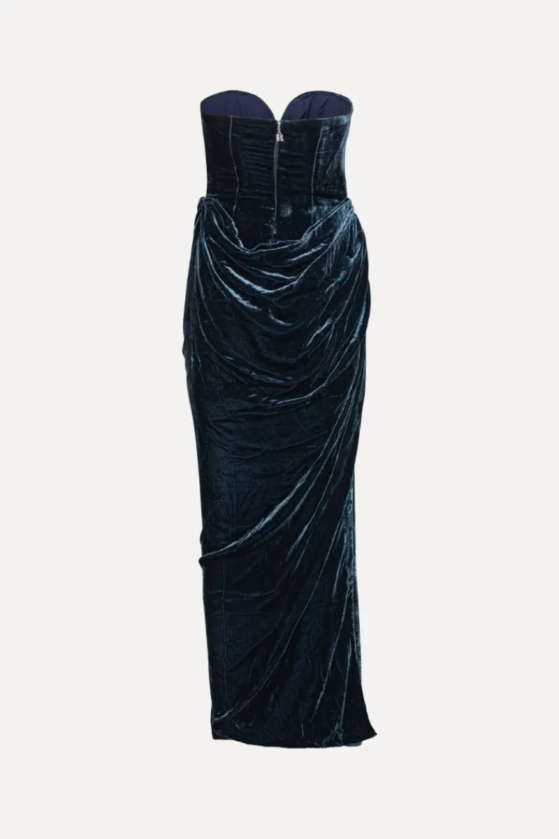 Dresses-ROTATE Birger Christensen Silk Velvet Slit Dress Dark Blue Graphite color