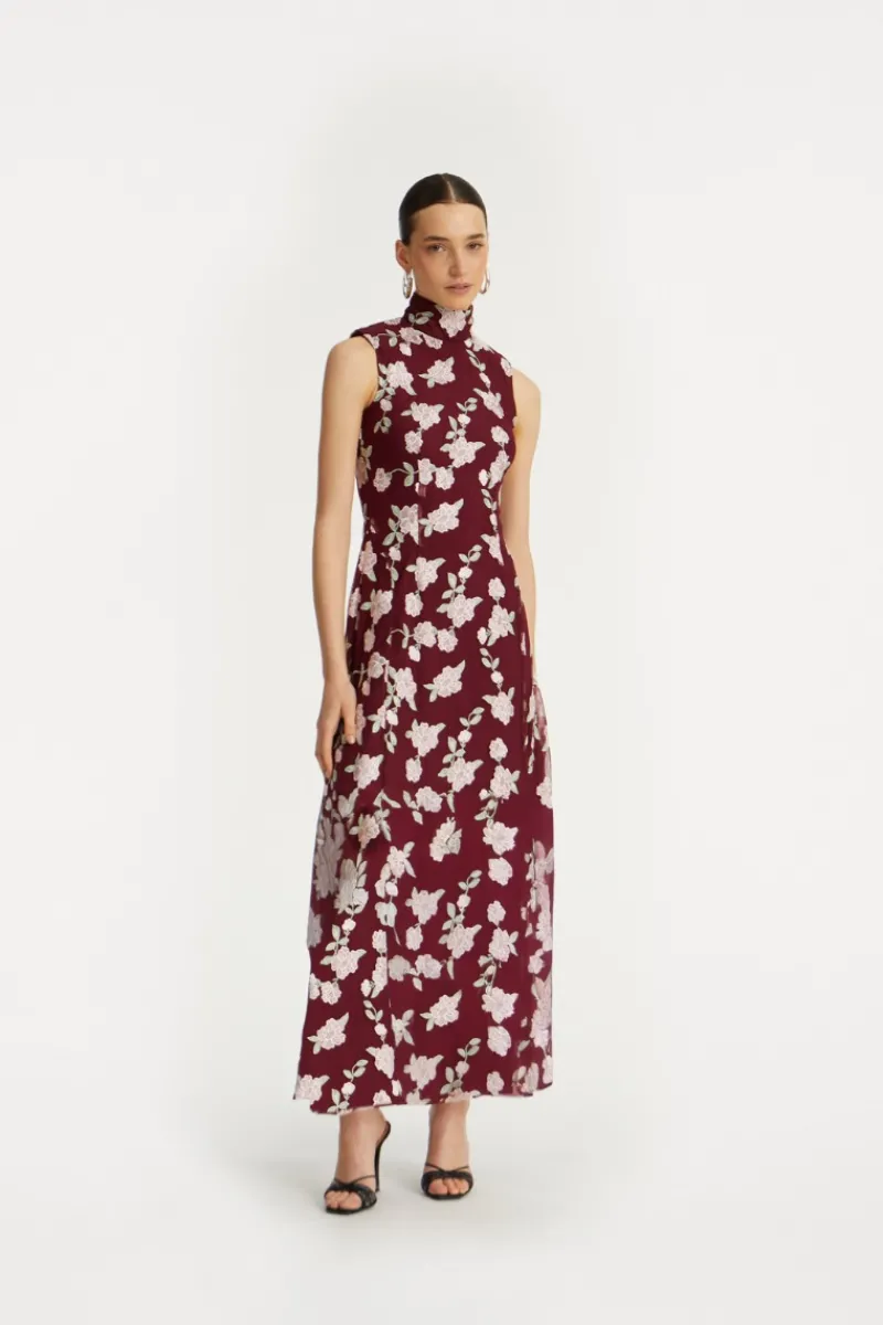 Maxi Dress|Dresses-ROTATE Birger Christensen Sleeveless Maxi Dress Bordeaux Flower Print Zinfandel Comb.color