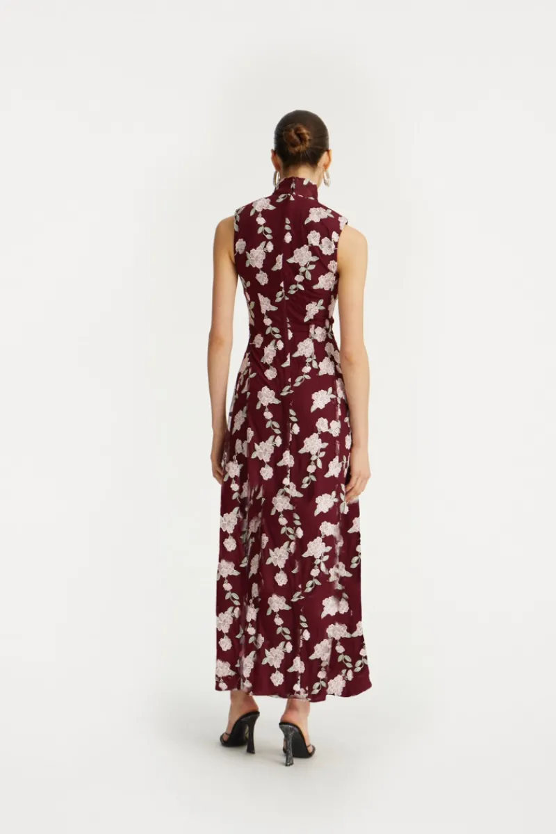 Maxi Dress|Dresses-ROTATE Birger Christensen Sleeveless Maxi Dress Bordeaux Flower Print Zinfandel Comb.color