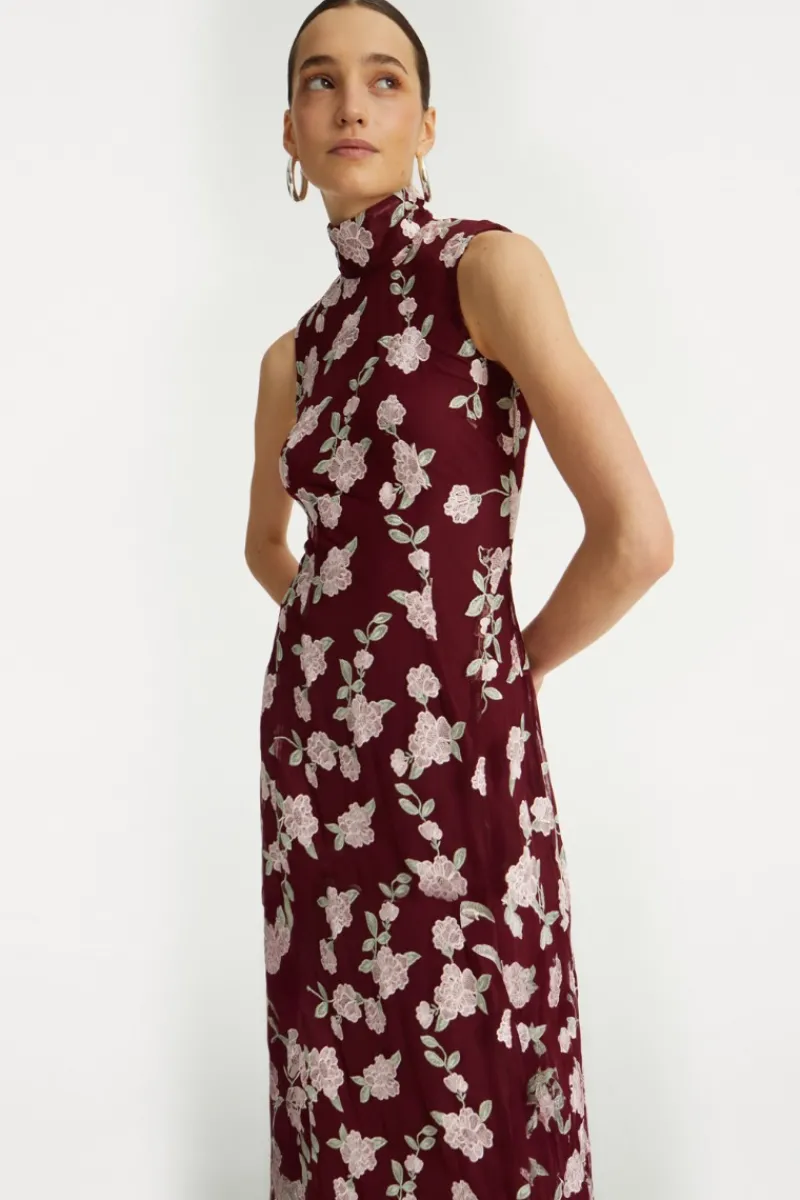 Maxi Dress|Dresses-ROTATE Birger Christensen Sleeveless Maxi Dress Bordeaux Flower Print Zinfandel Comb.color