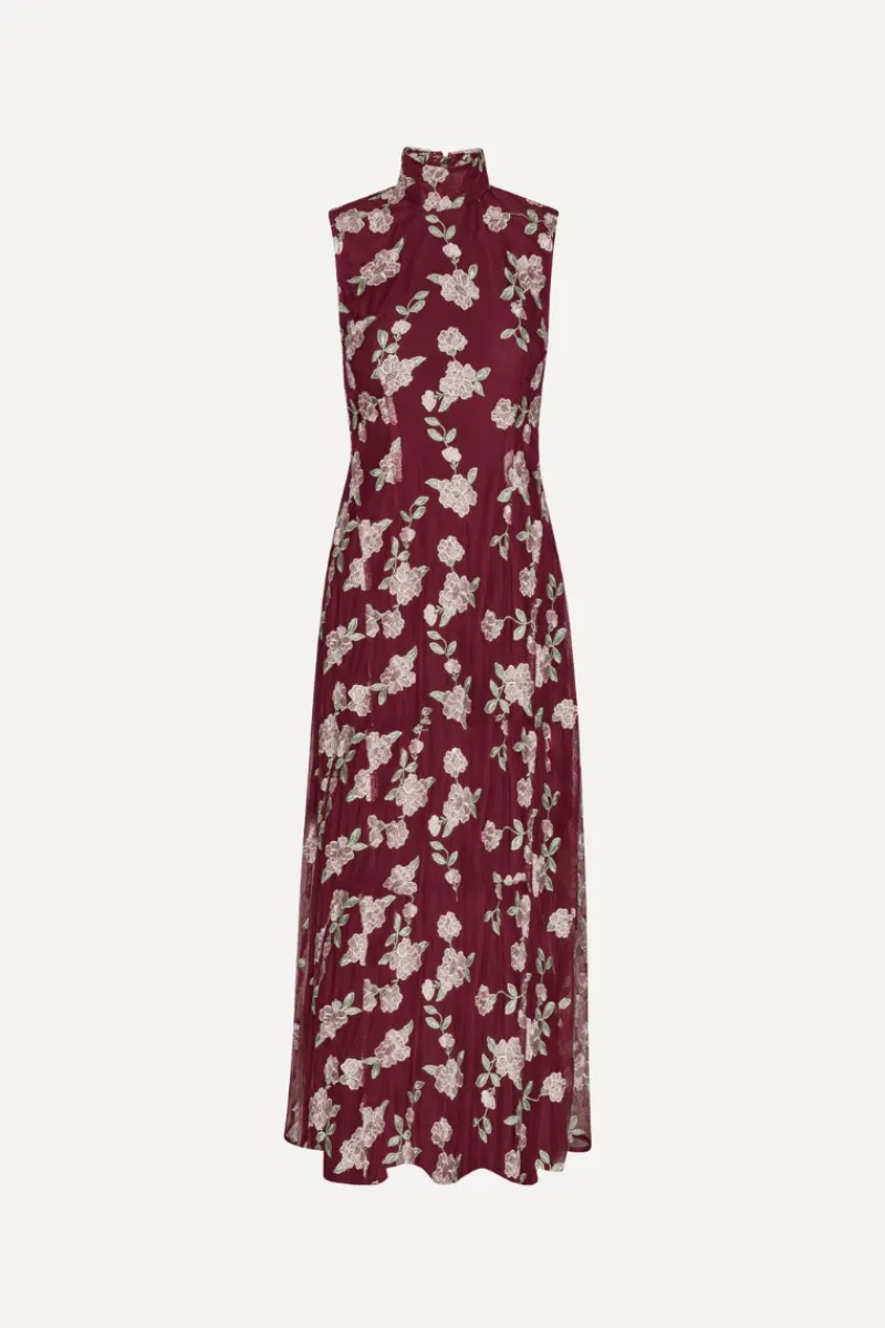 Maxi Dress|Dresses-ROTATE Birger Christensen Sleeveless Maxi Dress Bordeaux Flower Print Zinfandel Comb.color