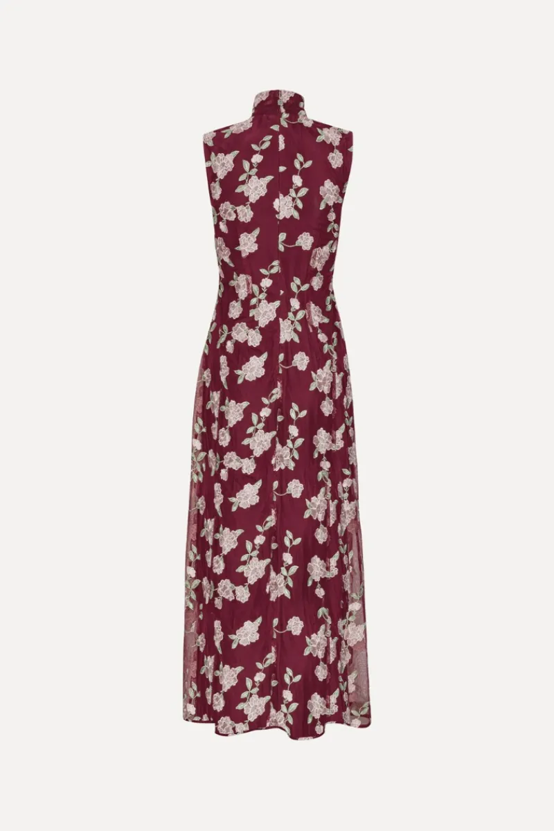 Maxi Dress|Dresses-ROTATE Birger Christensen Sleeveless Maxi Dress Bordeaux Flower Print Zinfandel Comb.color