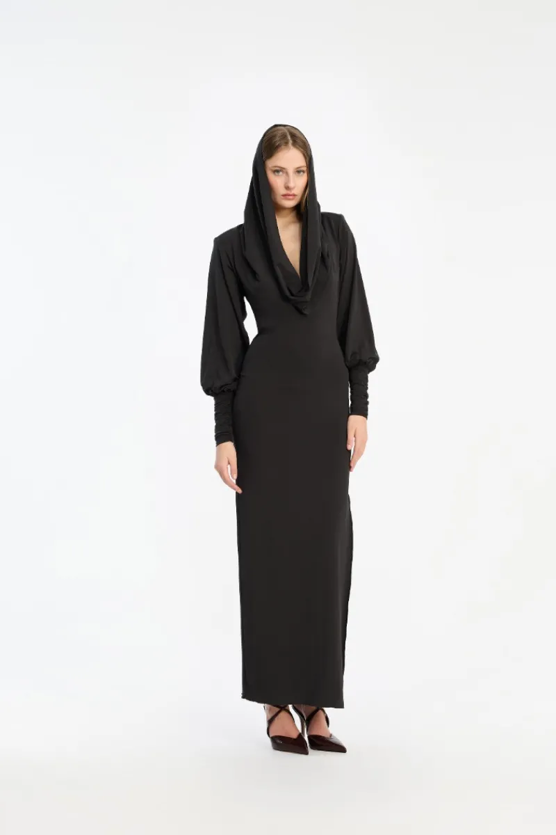 Maxi Dress|Dresses-ROTATE Birger Christensen Slinky Hooded Dress Black Black color