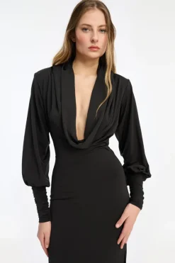 Maxi Dress|Dresses-ROTATE Birger Christensen Slinky Hooded Dress Black Black color