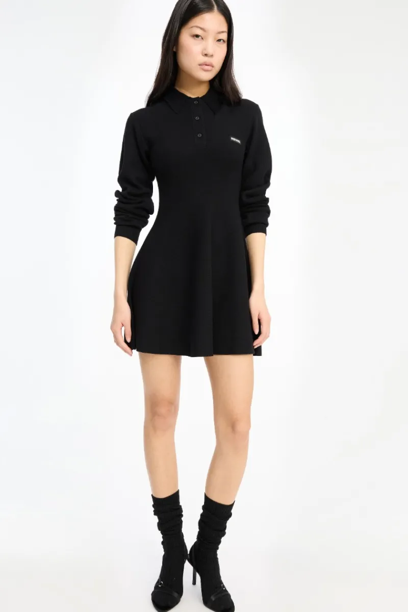 Mini Dresses|Knitwear-ROTATE Birger Christensen Slinky Knit Polo Dress Black Black color