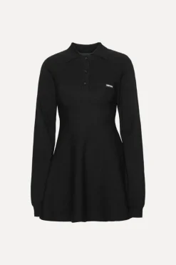 Mini Dresses|Knitwear-ROTATE Birger Christensen Slinky Knit Polo Dress Black Black color