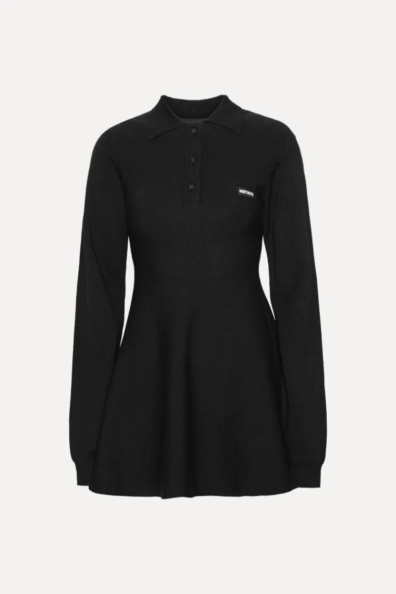 Mini Dresses|Knitwear-ROTATE Birger Christensen Slinky Knit Polo Dress Black Black color