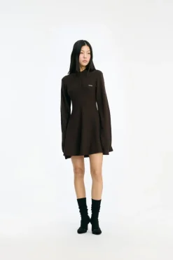 Mini Dresses|Knitwear-ROTATE Birger Christensen Slinky Knit Polo Dress Dark Brown Molé color