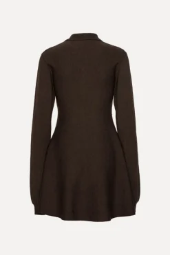 Mini Dresses|Knitwear-ROTATE Birger Christensen Slinky Knit Polo Dress Dark Brown Molé color