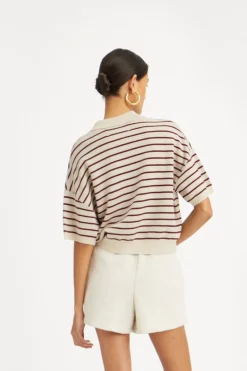 Knitwear|Tops-ROTATE Birger Christensen Slinky Knit Polo Striped Beige Oatmeal Comb. color