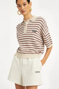 Knitwear|Tops-ROTATE Birger Christensen Slinky Knit Polo Striped Beige Oatmeal Comb. color