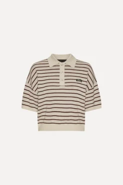 Knitwear|Tops-ROTATE Birger Christensen Slinky Knit Polo Striped Beige Oatmeal Comb. color