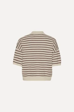 Knitwear|Tops-ROTATE Birger Christensen Slinky Knit Polo Striped Beige Oatmeal Comb. color