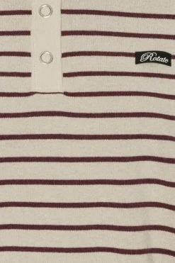 Knitwear|Tops-ROTATE Birger Christensen Slinky Knit Polo Striped Beige Oatmeal Comb. color