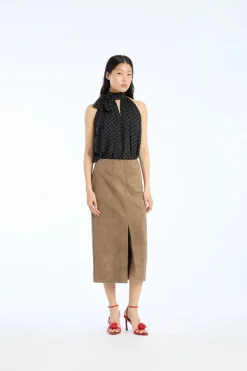 Skirts-ROTATE Birger Christensen Suede Midi Pencil Skirt Brown Morel color
