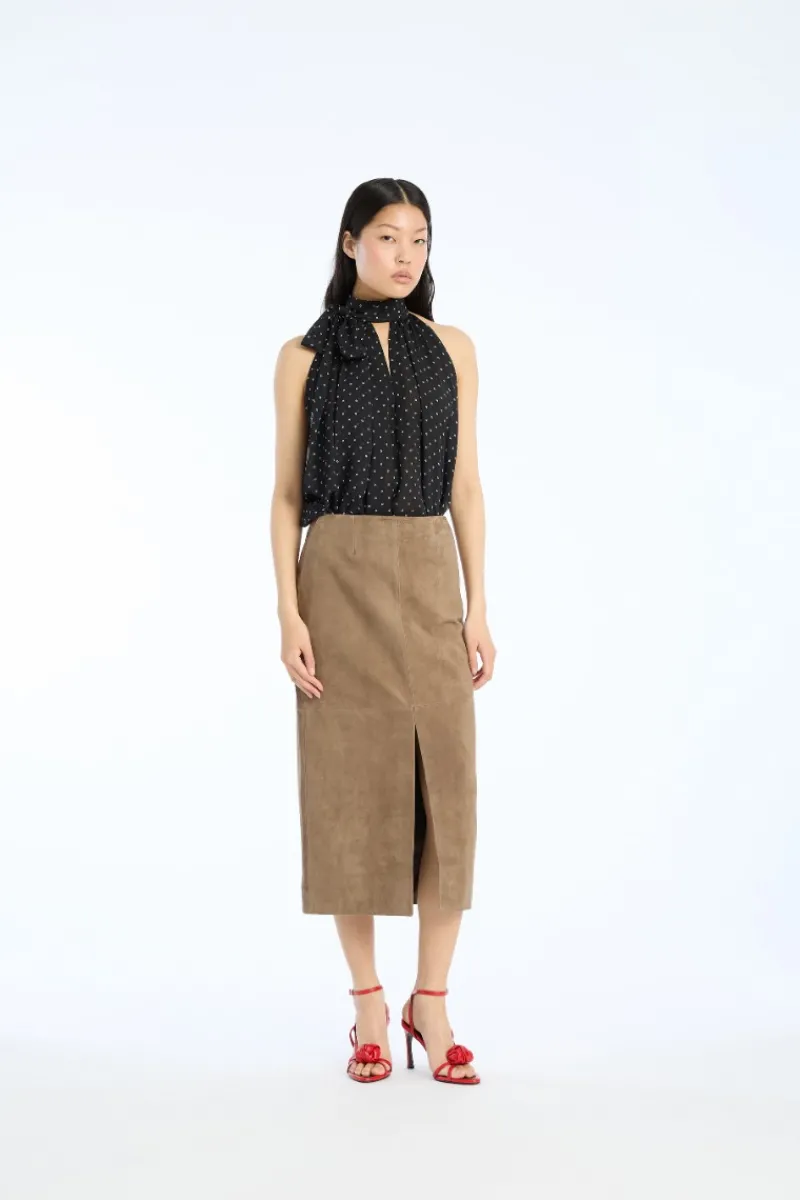 Skirts-ROTATE Birger Christensen Suede Midi Pencil Skirt Brown Morel color