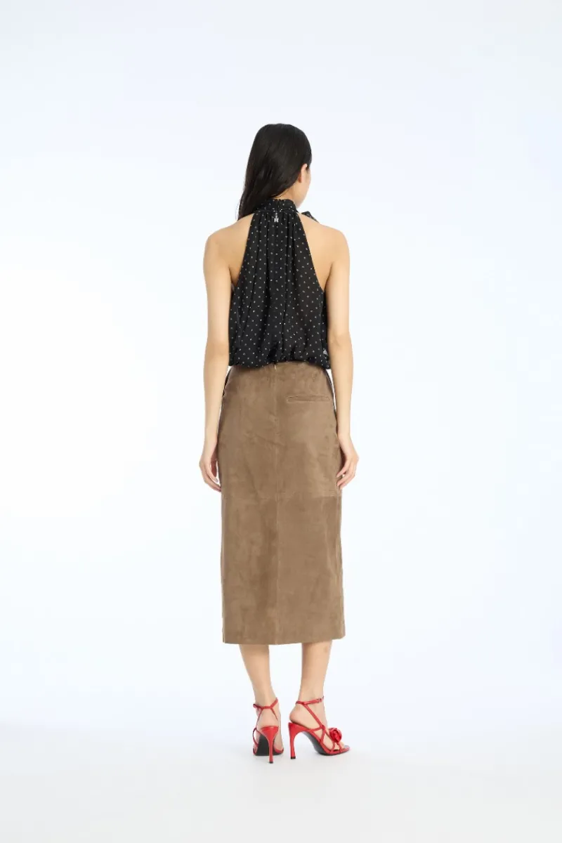 Skirts-ROTATE Birger Christensen Suede Midi Pencil Skirt Brown Morel color
