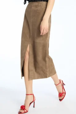 Skirts-ROTATE Birger Christensen Suede Midi Pencil Skirt Brown Morel color