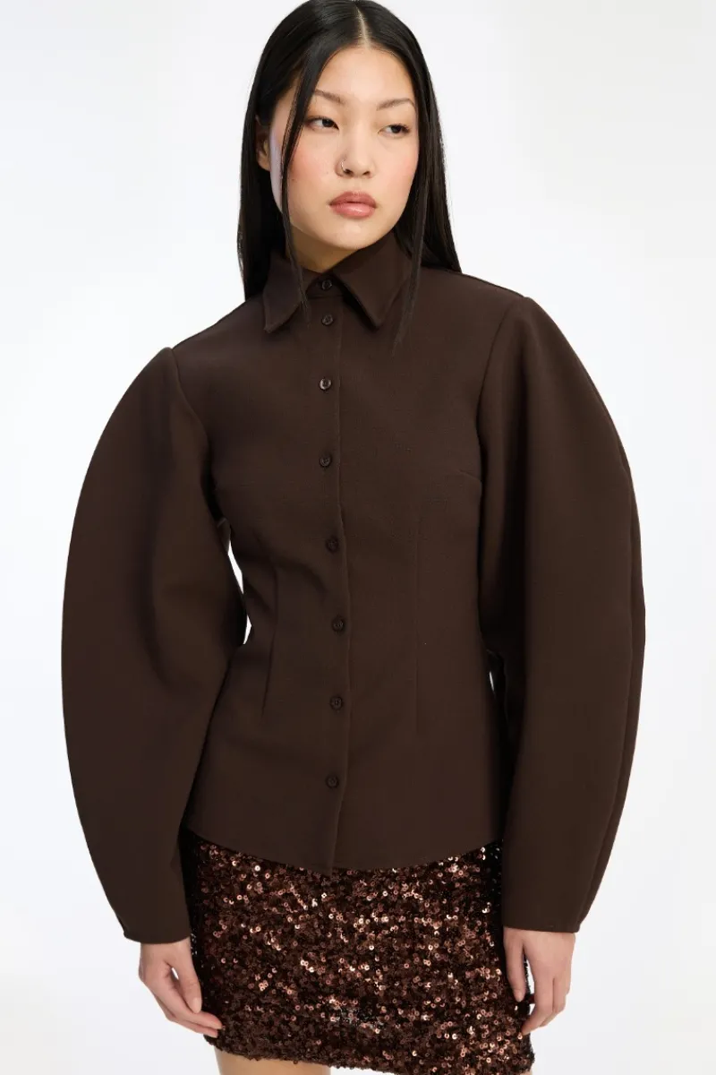 Tops-ROTATE Birger Christensen Suiting Fitted Shirt Dark Brown CHICORY COFFEE color