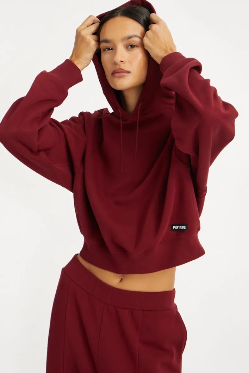 Tops-ROTATE Birger Christensen Terry Back Cropped Hoodie Bordeaux Zinfandelcolor
