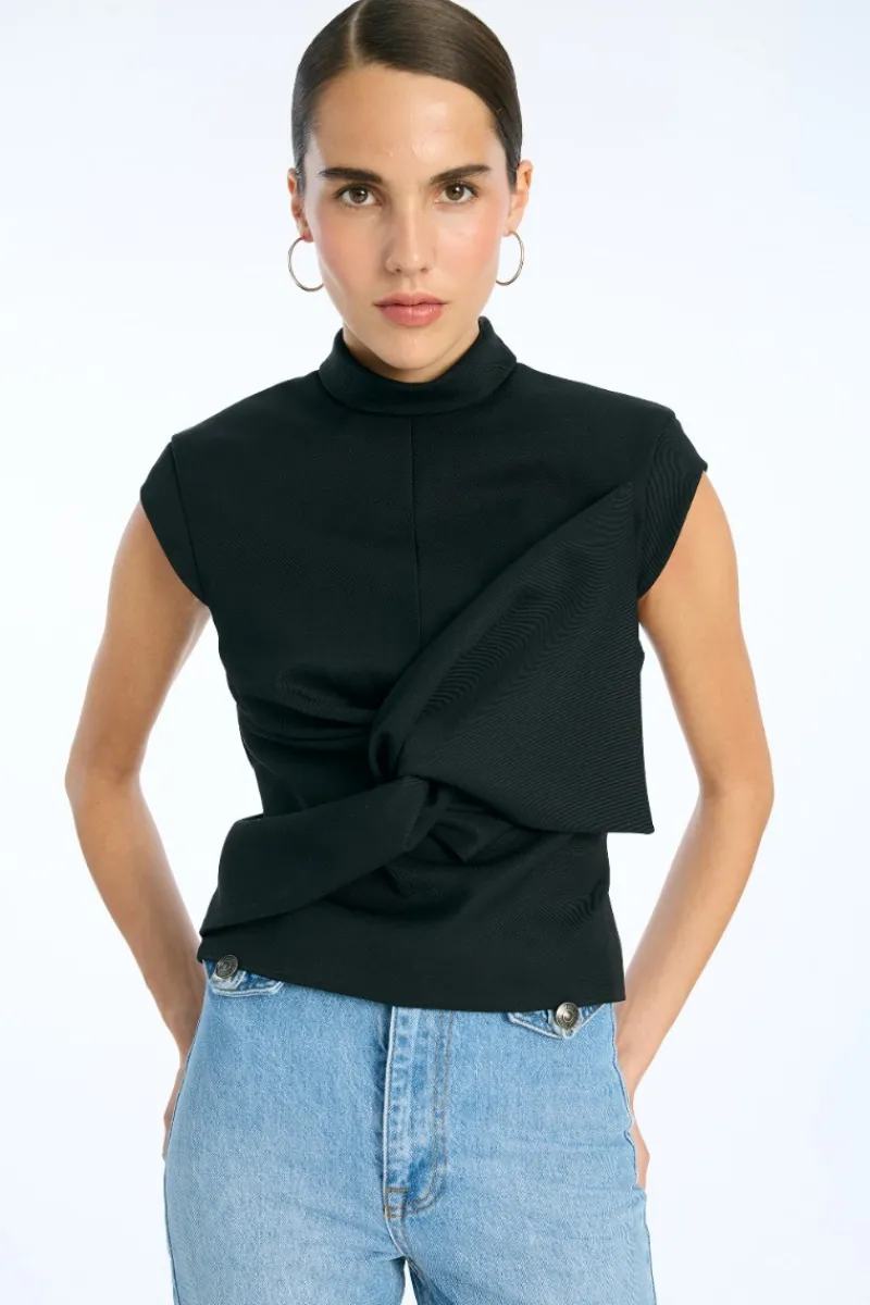 Tops-ROTATE Birger Christensen Top W/ Draped Bow Black Black color