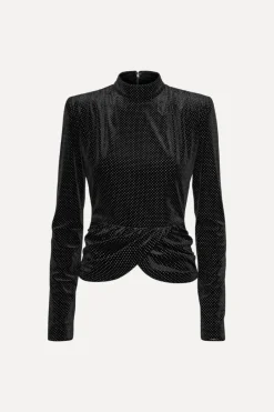 Tops-ROTATE Birger Christensen Velvet Draped Top Black Black color