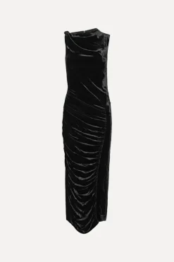 Midi Dresses|Dresses-ROTATE Birger Christensen Velvet Ruched Midi Dress Black Black color
