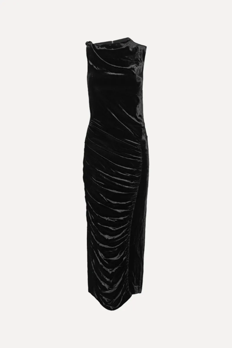 Midi Dresses|Dresses-ROTATE Birger Christensen Velvet Ruched Midi Dress Black Black color