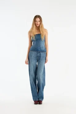 Pants-ROTATE Birger Christensen Wide Leg 5 Pocket Pants Blue Medium Blue Denim color