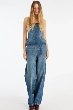 Pants-ROTATE Birger Christensen Wide Leg 5 Pocket Pants Blue Medium Blue Denim color